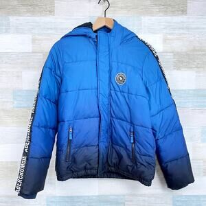 Abercrombie Kids Sherpa Lined Puffer Logo Stripe Jacket Blue Hooded Boys 15 16
